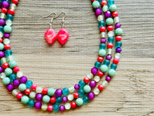 Load image into Gallery viewer, Malibu Hot Pink Statement Necklace, Chunky 3 Strand Jewelry, summer necklace, purple necklace, light green blush pink bib necklace
