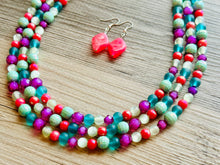 Load image into Gallery viewer, Malibu Hot Pink Statement Necklace, Chunky 3 Strand Jewelry, summer necklace, purple necklace, light green blush pink bib necklace