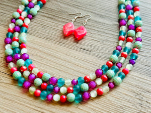 Malibu Hot Pink Statement Necklace, Chunky 3 Strand Jewelry, summer necklace, purple necklace, light green blush pink bib necklace