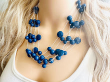Load image into Gallery viewer, Dark Blue &amp; Silver Chunky Statement Jewelry Set, Big beaded vintage, 6 Strand Illusion Statement Necklace, Bib blue bridesmaid wedding