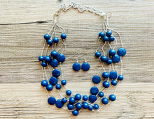 Load image into Gallery viewer, Dark Blue &amp; Silver Chunky Statement Jewelry Set, Big beaded vintage, 6 Strand Illusion Statement Necklace, Bib blue bridesmaid wedding