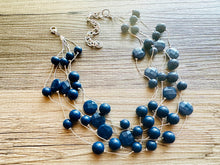 Load image into Gallery viewer, Dark Blue &amp; Silver Chunky Statement Jewelry Set, Big beaded vintage, 6 Strand Illusion Statement Necklace, Bib blue bridesmaid wedding