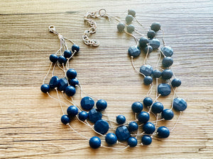 Dark Blue & Silver Chunky Statement Jewelry Set, Big beaded vintage, 6 Strand Illusion Statement Necklace, Bib blue bridesmaid wedding