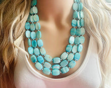 Load image into Gallery viewer, Shell Aqua Light 3 strand Beaded Statement Necklace, Chunky Bib swirls Blue Multi-Strand Jewelry, blue drop earrings, neutral necklace