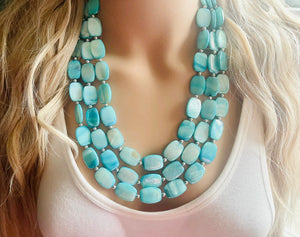 Shell Aqua Light 3 strand Beaded Statement Necklace, Chunky Bib swirls Blue Multi-Strand Jewelry, blue drop earrings, neutral necklace