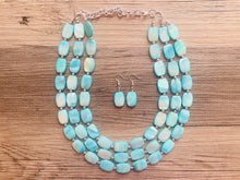 Load image into Gallery viewer, Shell Aqua Light 3 strand Beaded Statement Necklace, Chunky Bib swirls Blue Multi-Strand Jewelry, blue drop earrings, neutral necklace