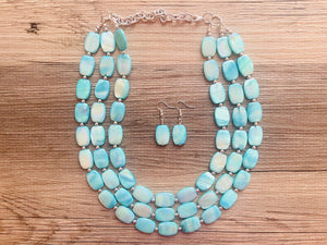 Shell Aqua Light 3 strand Beaded Statement Necklace, Chunky Bib swirls Blue Multi-Strand Jewelry, blue drop earrings, neutral necklace