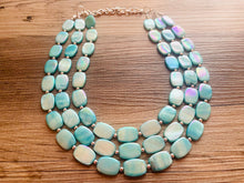 Load image into Gallery viewer, Shell Aqua Light 3 strand Beaded Statement Necklace, Chunky Bib swirls Blue Multi-Strand Jewelry, blue drop earrings, neutral necklace