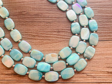 Load image into Gallery viewer, Shell Aqua Light 3 strand Beaded Statement Necklace, Chunky Bib swirls Blue Multi-Strand Jewelry, blue drop earrings, neutral necklace