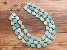 Load image into Gallery viewer, Shell Aqua Light 3 strand Beaded Statement Necklace, Chunky Bib swirls Blue Multi-Strand Jewelry, blue drop earrings, neutral necklace