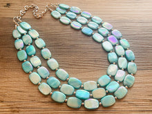 Load image into Gallery viewer, Shell Aqua Light 3 strand Beaded Statement Necklace, Chunky Bib swirls Blue Multi-Strand Jewelry, blue drop earrings, neutral necklace