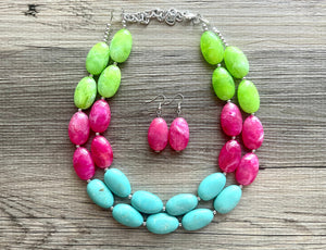 Color Block Double Statement Necklace, Chunky Jewelry Big Beaded Necklace, emerald green teal pink lime Necklace, bead bubble earrings