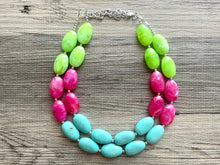 Load image into Gallery viewer, Color Block Double Statement Necklace, Chunky Jewelry Big Beaded Necklace, emerald green teal pink lime Necklace, bead bubble earrings