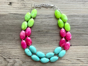 Color Block Double Statement Necklace, Chunky Jewelry Big Beaded Necklace, emerald green teal pink lime Necklace, bead bubble earrings