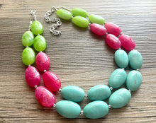 Load image into Gallery viewer, Color Block Double Statement Necklace, Chunky Jewelry Big Beaded Necklace, emerald green teal pink lime Necklace, bead bubble earrings