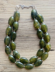 Army Green Chunky Statement Necklace, Big beaded jewelry, Double Strand Statement Necklace, Bib necklace, green bridesmaid wedding camo
