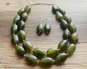 Army Green Chunky Statement Necklace, Big beaded jewelry, Double Strand Statement Necklace, Bib necklace, green bridesmaid wedding camo