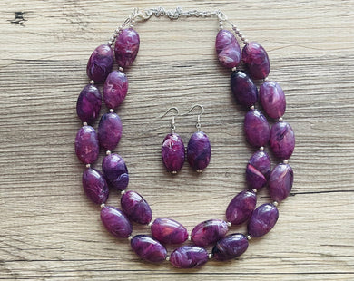 Swirled purple Chunky Statement Necklace and earrings Set, Beaded purple Jewelry, purple bib necklace, purple earrings, lilac jewelry
