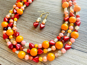 Woman Fire Statement Necklace, chunky bib beaded jewelry, Summer red yellow orange necklace, beaded acrylic jewelry neon coral pink