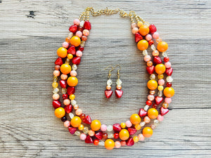 Woman Fire Statement Necklace, chunky bib beaded jewelry, Summer red yellow orange necklace, beaded acrylic jewelry neon coral pink