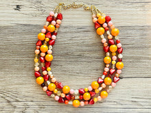Load image into Gallery viewer, Woman Fire Statement Necklace, chunky bib beaded jewelry, Summer red yellow orange necklace, beaded acrylic jewelry neon coral pink