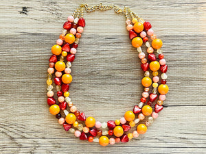 Woman Fire Statement Necklace, chunky bib beaded jewelry, Summer red yellow orange necklace, beaded acrylic jewelry neon coral pink