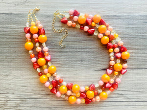 Woman Fire Statement Necklace, chunky bib beaded jewelry, Summer red yellow orange necklace, beaded acrylic jewelry neon coral pink