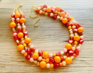 Woman Fire Statement Necklace, chunky bib beaded jewelry, Summer red yellow orange necklace, beaded acrylic jewelry neon coral pink