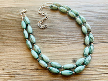Load image into Gallery viewer, Emerald Green + White 2 strand Beaded Statement Necklace, Chunky Bib white and green thick Strand Jewelry tie dye swirl earrings bib glass
