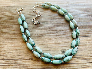 Emerald Green + White 2 strand Beaded Statement Necklace, Chunky Bib white and green thick Strand Jewelry tie dye swirl earrings bib glass