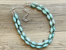 Load image into Gallery viewer, Emerald Green + White 2 strand Beaded Statement Necklace, Chunky Bib white and green thick Strand Jewelry tie dye swirl earrings bib glass