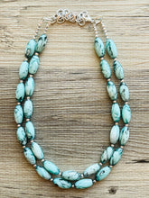 Load image into Gallery viewer, Emerald Green + White 2 strand Beaded Statement Necklace, Chunky Bib white and green thick Strand Jewelry tie dye swirl earrings bib glass