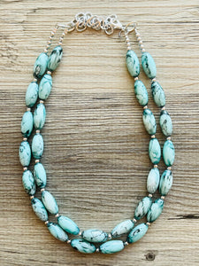Emerald Green + White 2 strand Beaded Statement Necklace, Chunky Bib white and green thick Strand Jewelry tie dye swirl earrings bib glass