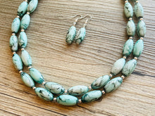 Load image into Gallery viewer, Emerald Green + White 2 strand Beaded Statement Necklace, Chunky Bib white and green thick Strand Jewelry tie dye swirl earrings bib glass