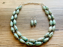 Load image into Gallery viewer, Emerald Green + White 2 strand Beaded Statement Necklace, Chunky Bib white and green thick Strand Jewelry tie dye swirl earrings bib glass