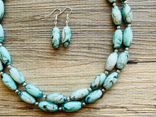 Load image into Gallery viewer, Emerald Green + White 2 strand Beaded Statement Necklace, Chunky Bib white and green thick Strand Jewelry tie dye swirl earrings bib glass