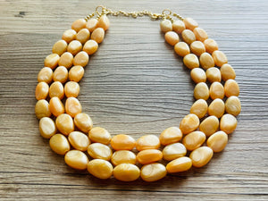 Fortune Favors the GOLD Statement 3 Strand statement necklace, pretty big beaded chunky jewelry, golden shiny metallic jewelry yellow