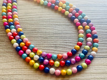 Load image into Gallery viewer, Rainbow Treasure Statement Necklace, Colorful Beaded Necklace, Chunky bib necklace, Roy G Biv necklace, bright jewelry, bridesmaid pride