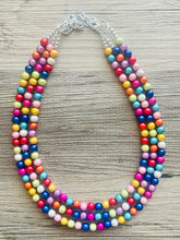 Load image into Gallery viewer, Rainbow Treasure Statement Necklace, Colorful Beaded Necklace, Chunky bib necklace, Roy G Biv necklace, bright jewelry, bridesmaid pride