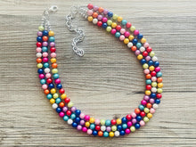 Load image into Gallery viewer, Rainbow Treasure Statement Necklace, Colorful Beaded Necklace, Chunky bib necklace, Roy G Biv necklace, bright jewelry, bridesmaid pride