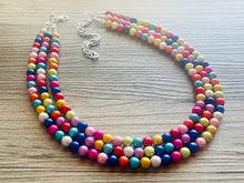 Load image into Gallery viewer, Rainbow Treasure Statement Necklace, Colorful Beaded Necklace, Chunky bib necklace, Roy G Biv necklace, bright jewelry, bridesmaid pride