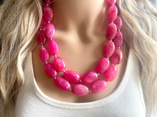 Load image into Gallery viewer, Big Bead pink Necklace, 2 Strand Statement Jewelry, magenta pink Chunky bib bridesmaid, hot pink jewelry, dark pink necklace earring set