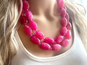 Big Bead pink Necklace, 2 Strand Statement Jewelry, magenta pink Chunky bib bridesmaid, hot pink jewelry, dark pink necklace earring set