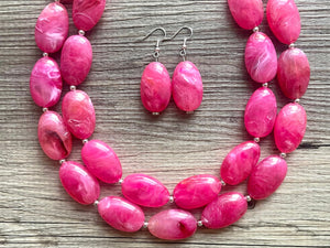 Big Bead pink Necklace, 2 Strand Statement Jewelry, magenta pink Chunky bib bridesmaid, hot pink jewelry, dark pink necklace earring set