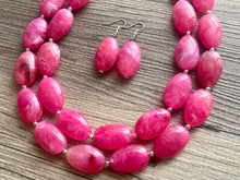 Load image into Gallery viewer, Big Bead pink Necklace, 2 Strand Statement Jewelry, magenta pink Chunky bib bridesmaid, hot pink jewelry, dark pink necklace earring set