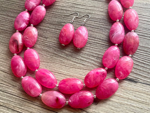 Big Bead pink Necklace, 2 Strand Statement Jewelry, magenta pink Chunky bib bridesmaid, hot pink jewelry, dark pink necklace earring set