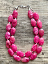 Load image into Gallery viewer, Big Bead pink Necklace, 2 Strand Statement Jewelry, magenta pink Chunky bib bridesmaid, hot pink jewelry, dark pink necklace earring set