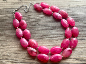 Big Bead pink Necklace, 2 Strand Statement Jewelry, magenta pink Chunky bib bridesmaid, hot pink jewelry, dark pink necklace earring set