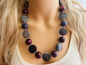 Purple Black & Gray Chunky Statement Necklace single Strand Beaded Jewelry, red jewelry bridesmaid bib wedding silver