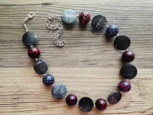 Purple Black & Gray Chunky Statement Necklace single Strand Beaded Jewelry, red jewelry bridesmaid bib wedding silver